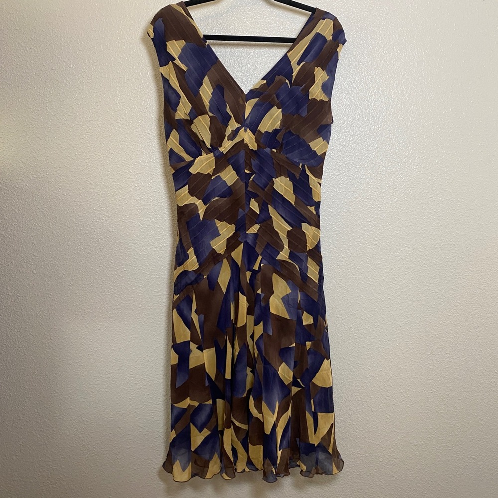 Vintage Y2K 100% Silk Abstract Babydoll Midi Dress 14 Artsy Feminine Fairy Pleat